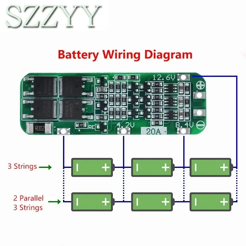 3S 20A Li-ion Lithium Battery 18650 Charger PCB BMS Protection Board For Drill Motor 12.6V Lipo Cell Module 64x20x3.4mm