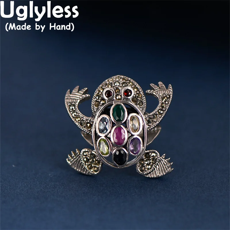 Uglyless Make a Face Naughty Frog Rings for Women Colorful Zircons Lucky Animals Gifts Jewelry Unusual Big Wide Rings 925 Silver