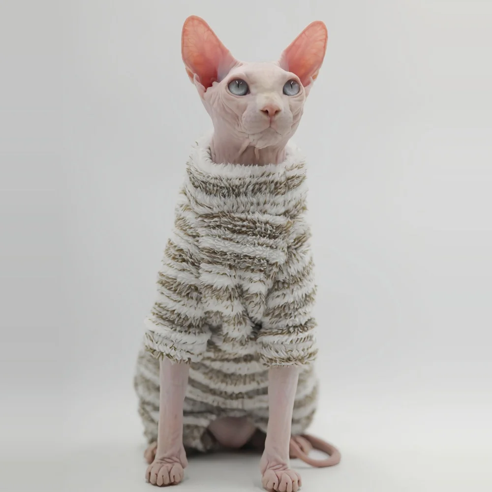 Winter High-Neck Sweater for Sphinx Cat Autumn Warm 4-legged Light Green Coat for kittens Devon Rex Thick Striped Loungewear