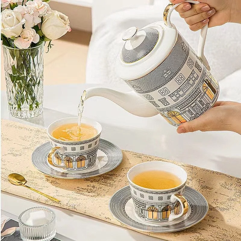Italian Style Neuschwanstein Castle Gold Handle Coffee Cup Saucer Set Roman Architecture Teapot Afternoon Tea Porcelain Gift