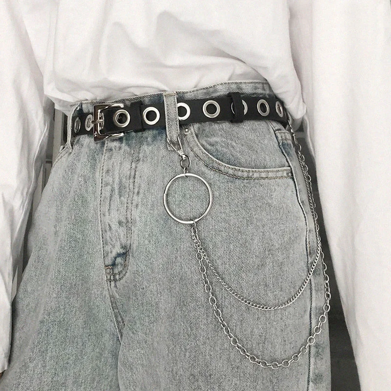 Banda de espera de agujero completo con cadena de Metal, cinturones de ojal para Jeans, abrigo para mujer, cinturón de cuero PU con hebilla de Pin,