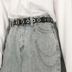 Banda de espera de agujero completo con cadena de Metal, cinturones de ojal para Jeans, abrigo para mujer, cinturón de cuero PU con hebilla de Pin, cinturón Punk