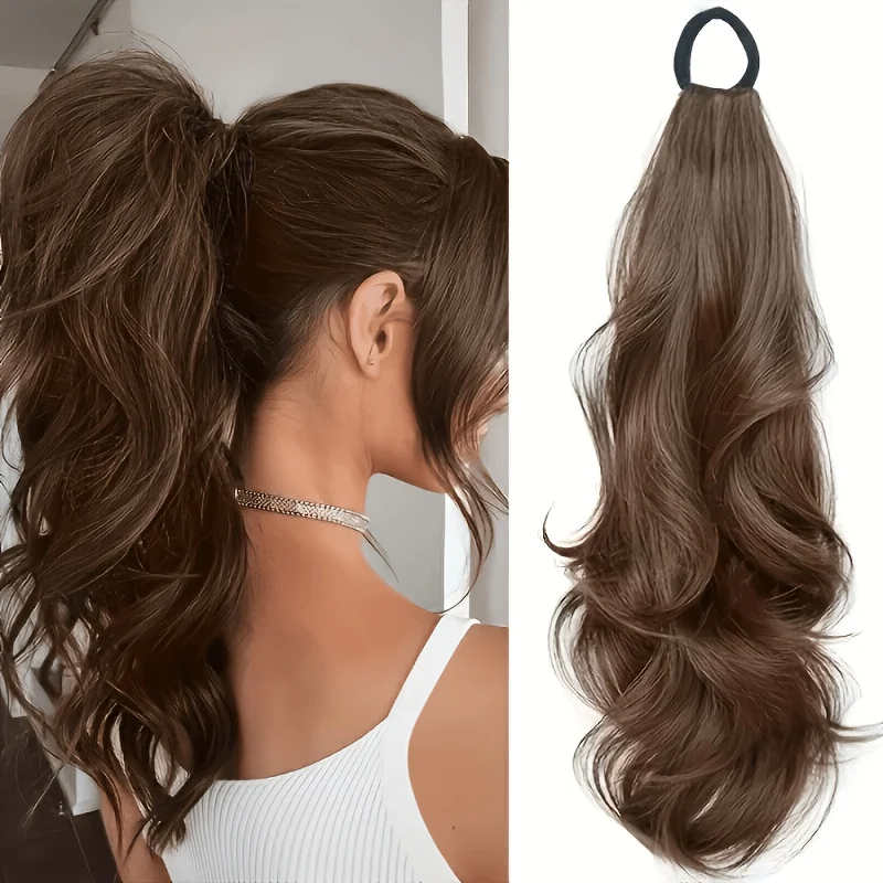 Long Wavy Ponytail Extension with Elastic Band, Synthetic Curly Wrap Around Ponytail Hairpiece, Women DailyParty HairAccessories