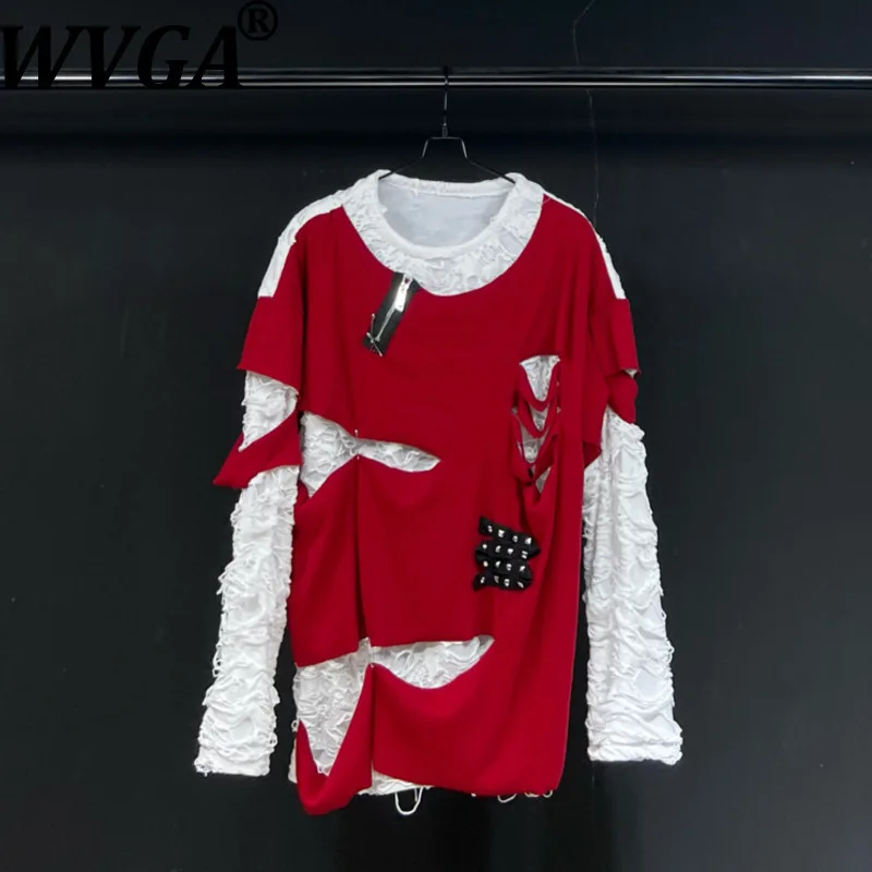 

WVGA Spring Autumn New Man Tide High Street Layered Patchwork Trendy Long Sleeved T-shirts Niche Chic Casual Tops Ins Y2K W12310
