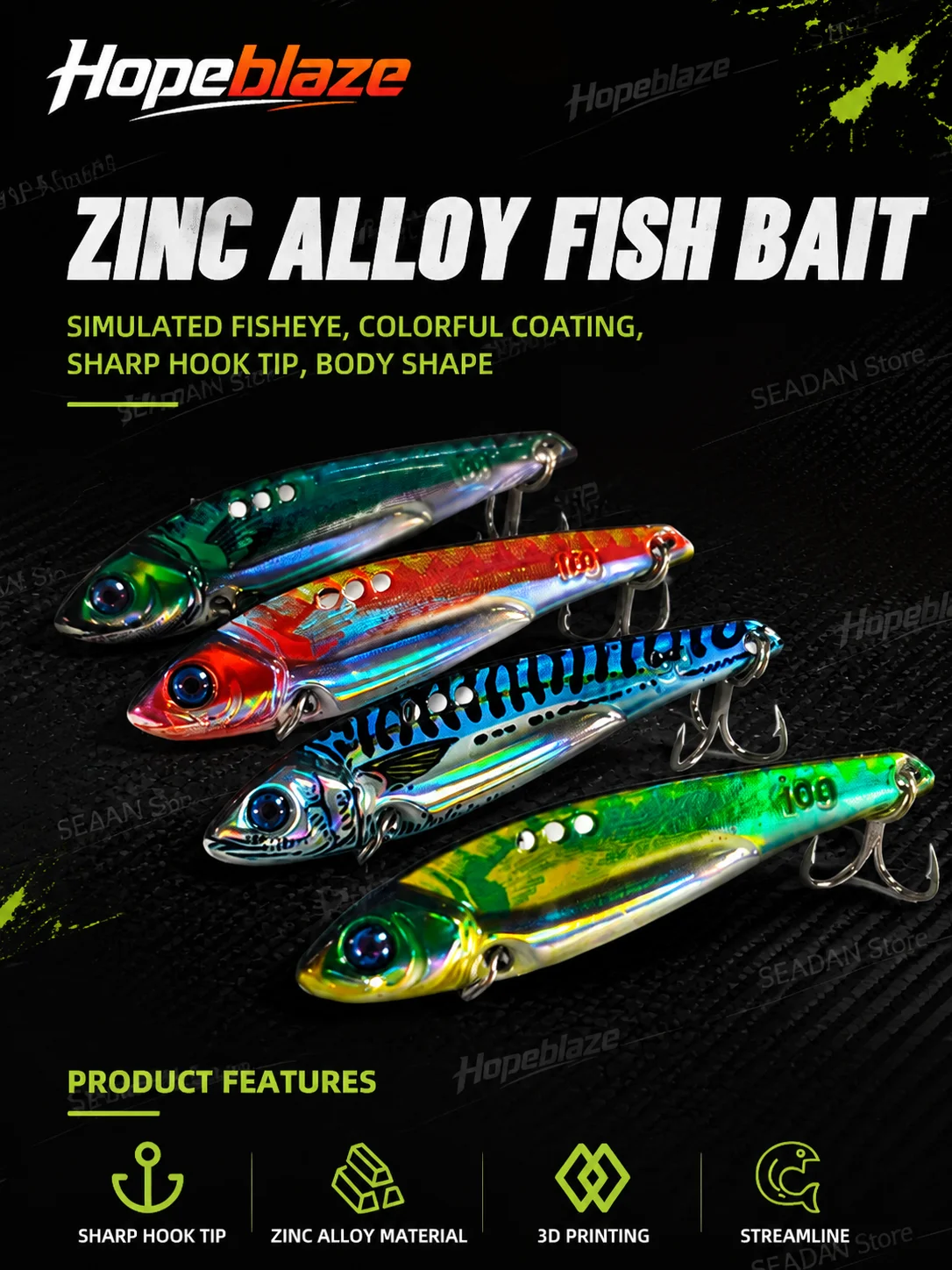 Hopeblaze Dragon Tooth VIB Metal Fishing Lure Single 3D Luminous Bionic Bait For Pike Tuna Walleye Zander All Water Layers