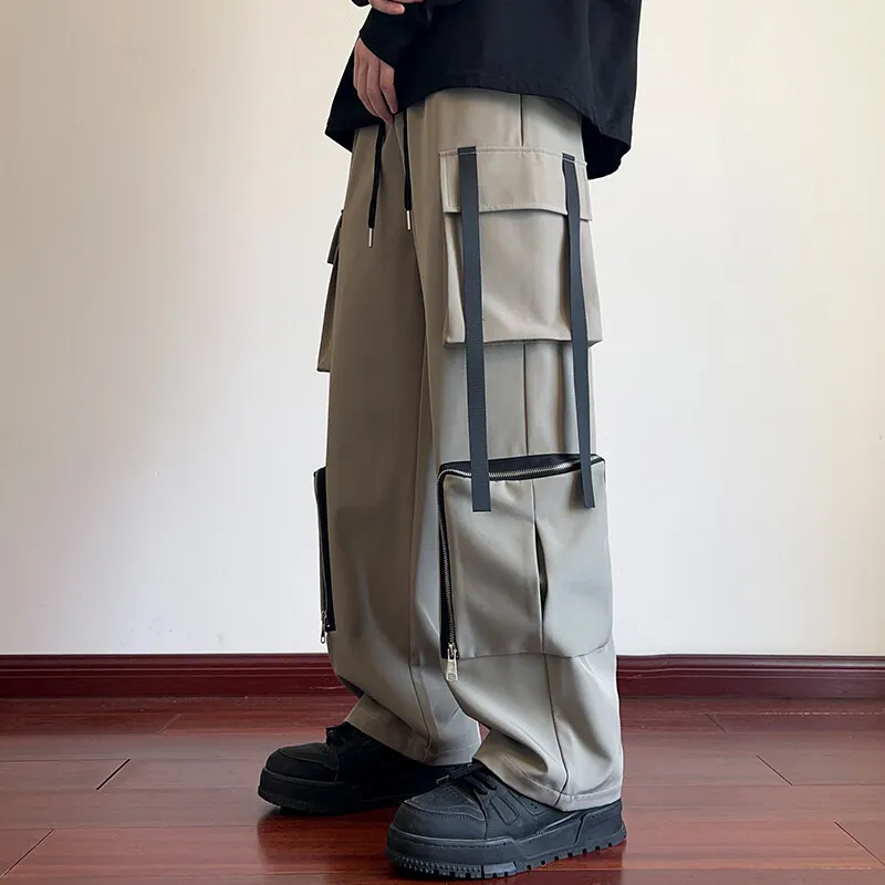 

Модные мужские повседневные брюки, весна-осень 2023, уличная одежда в стиле хип-хоп, свободные прямые брюки-карго, молодежные однотонные брюки на шнурке