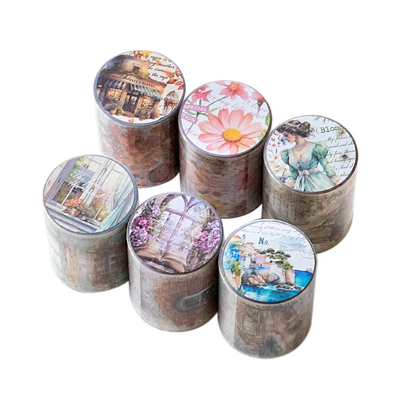 1Pc Vintage Literary Masking Washi Tape Cute Girl Flower Coffee Decorative Adhesive Material Sticker Diy Label Scrapbooking