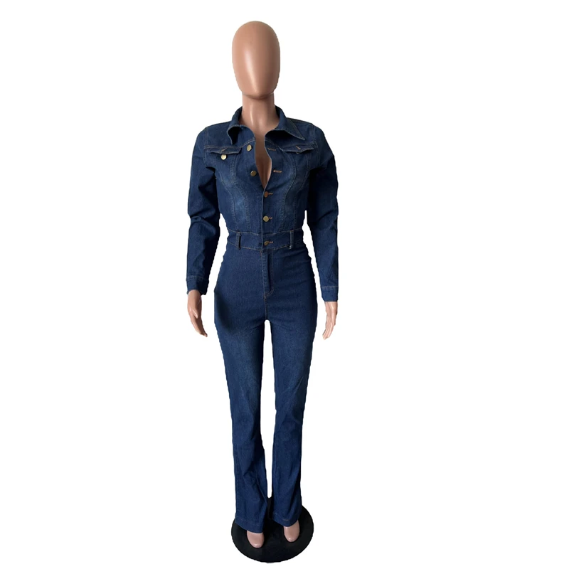 Sexy Front Open Fashion Long Sleeve Cotton Jeans Jumpsuit Denim Playsuit Women 2024 Elegance Bodycon Jeans Woman Romper Overalls