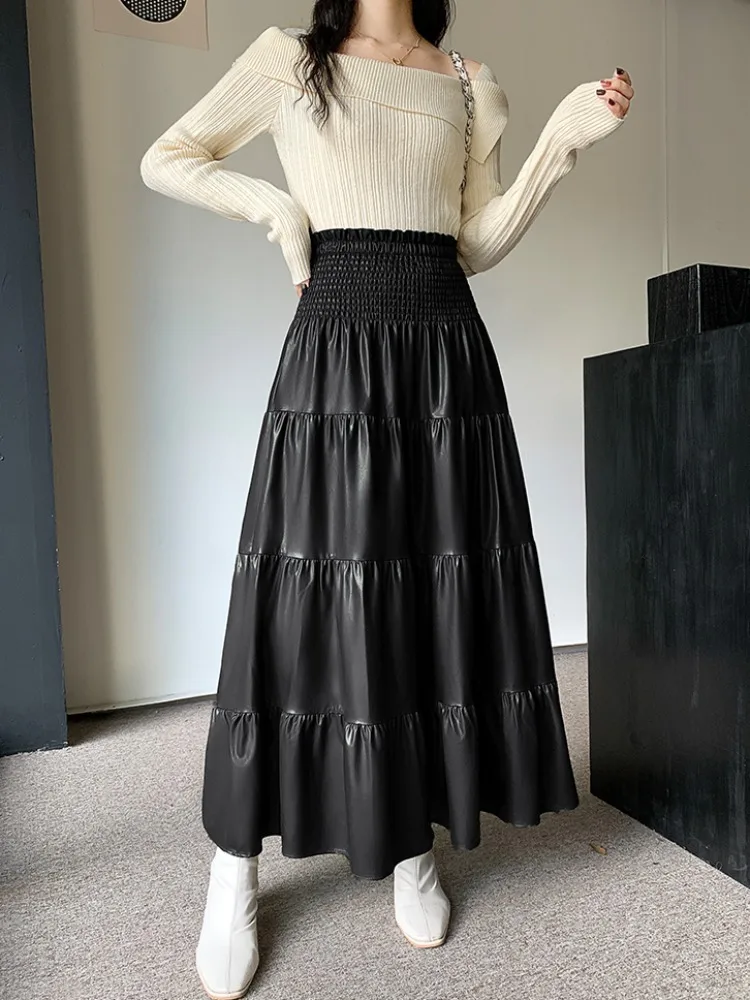 Heavy Duty Pleated Elastic Waist Stitching Swing 2024 Summer Girl Drape Pressed Pleated PU Leather A-line Long Skirts