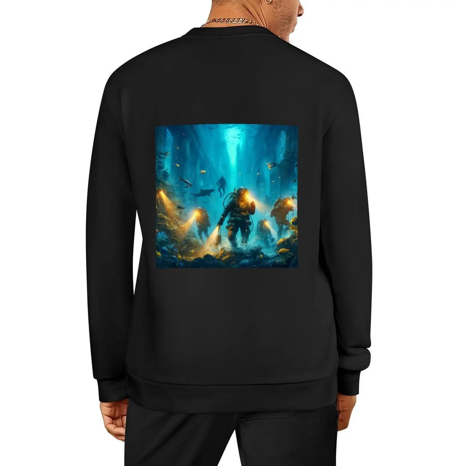 

Scuba Divers Exploring Post Apocalyptical Underwater Cityscape Pullover mens clothes men's coat men sweatshirt