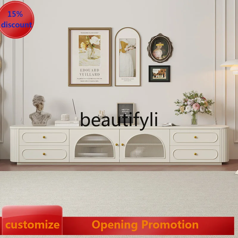 

French retro TV cabinet coffee table, living room household size apartment cream wind rock slab TV cabinet solid wood G1218