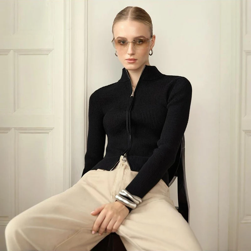 Tornova модное вязаное пальто женский кардиган на двойной молнии с длинными рукавами верхняя одежда тонкий воротник-стойка однотонный женский свитер кардиган
