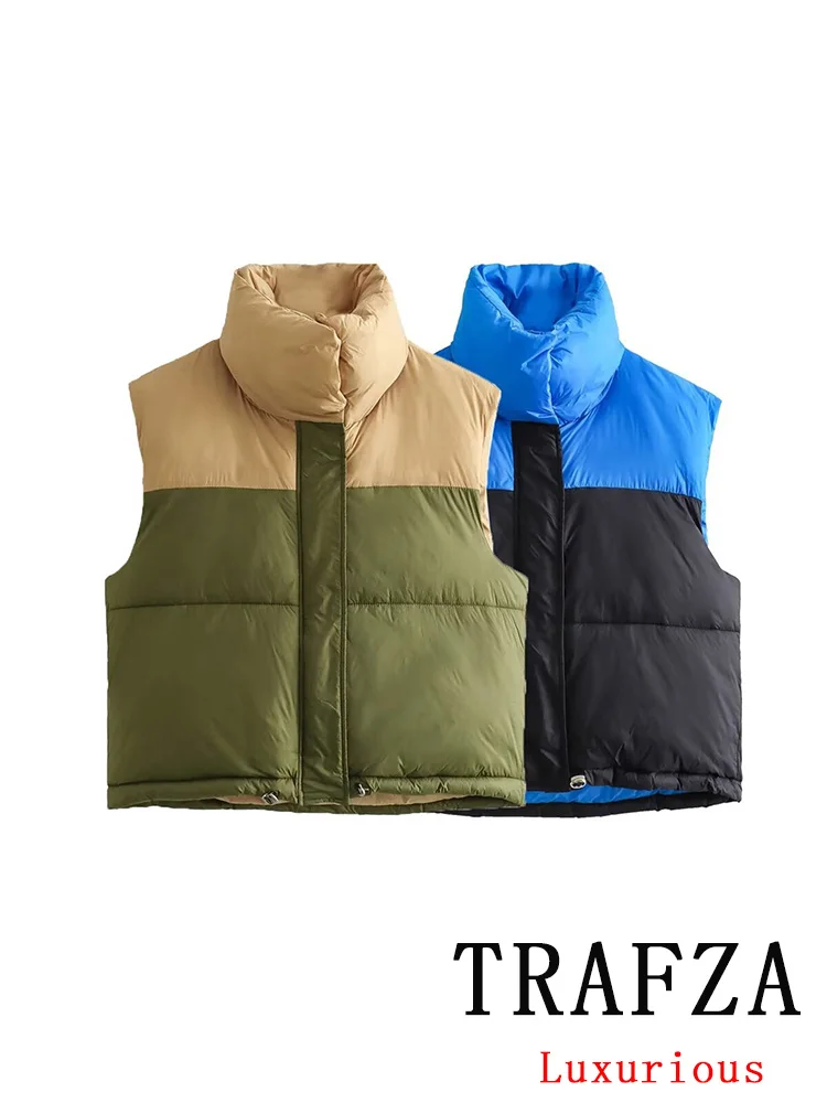 TRAFZA Casual Vintage Chic Women Coat Patchwork Stand Collar Single Breasted Vest Thick Coats Fashion 2024 Autumn Winter Coats