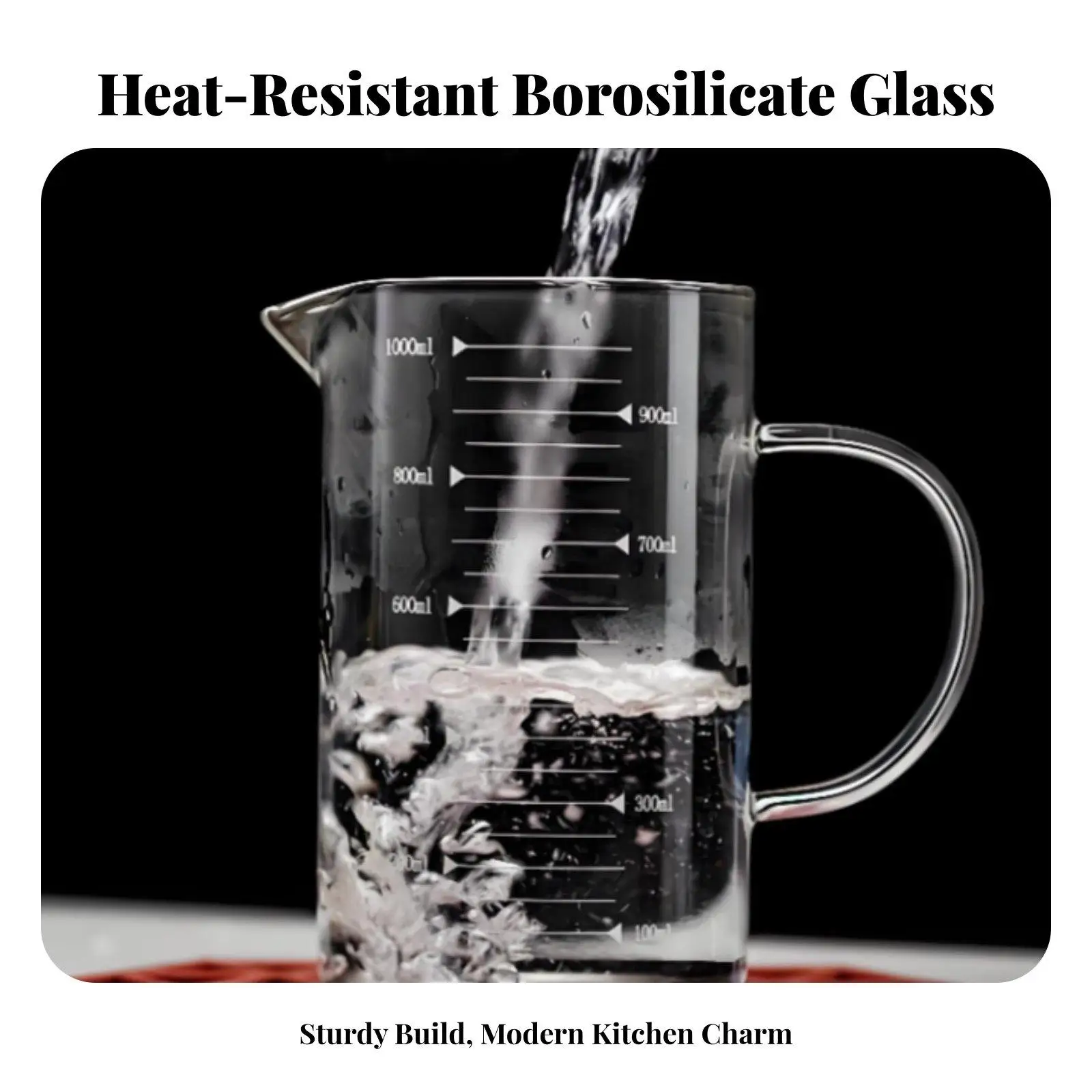 Thick Borosilicate Glass Measuring Cup 1000ml with V Shape Spout and Comfortable Handle for Kitchen Lab or Restaurant Work