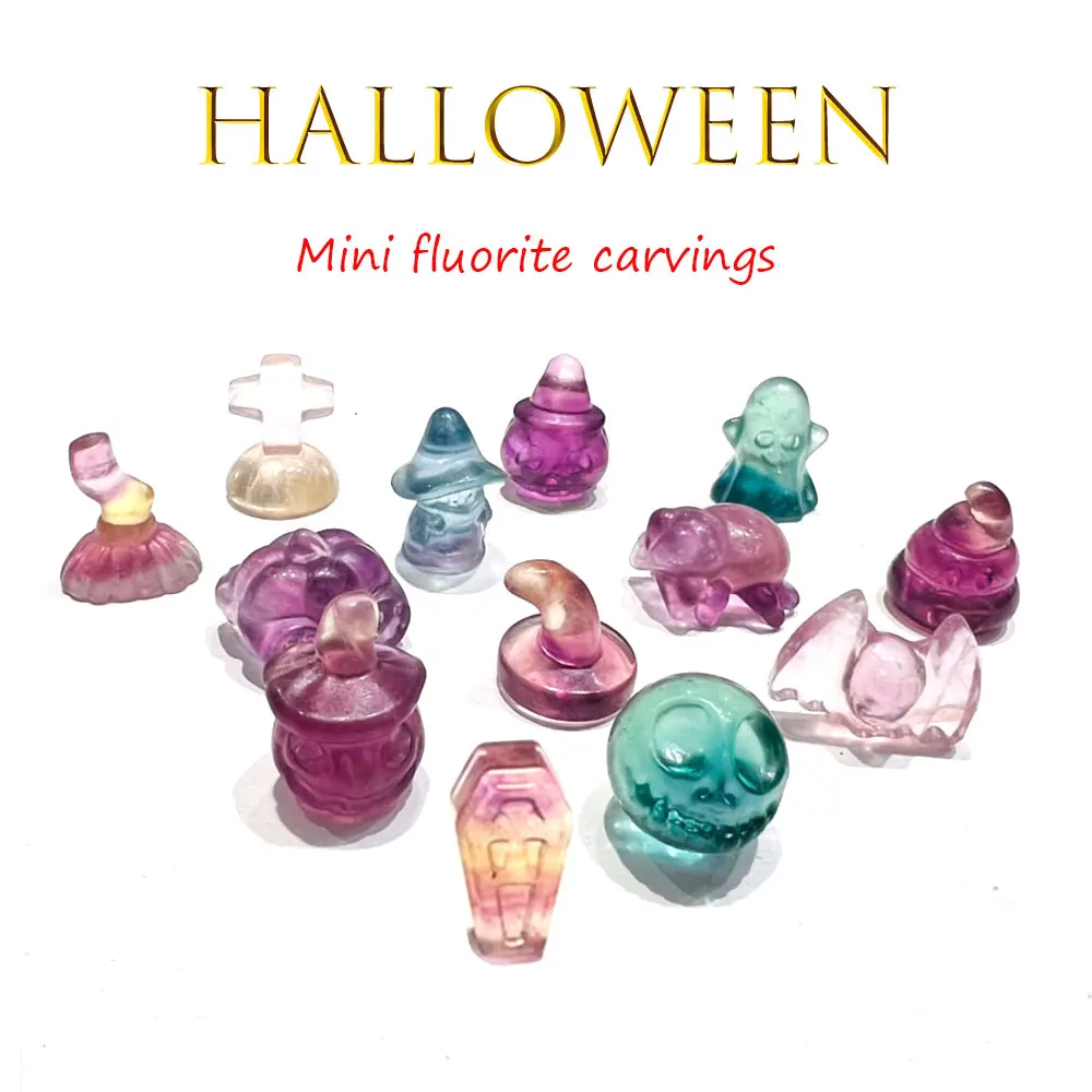 1pc Halloween Decoration Natural Fluorite Crystal Carvings Mini Bat Statue Figurine Crystals Stone Home Decor Witchcraft Gift