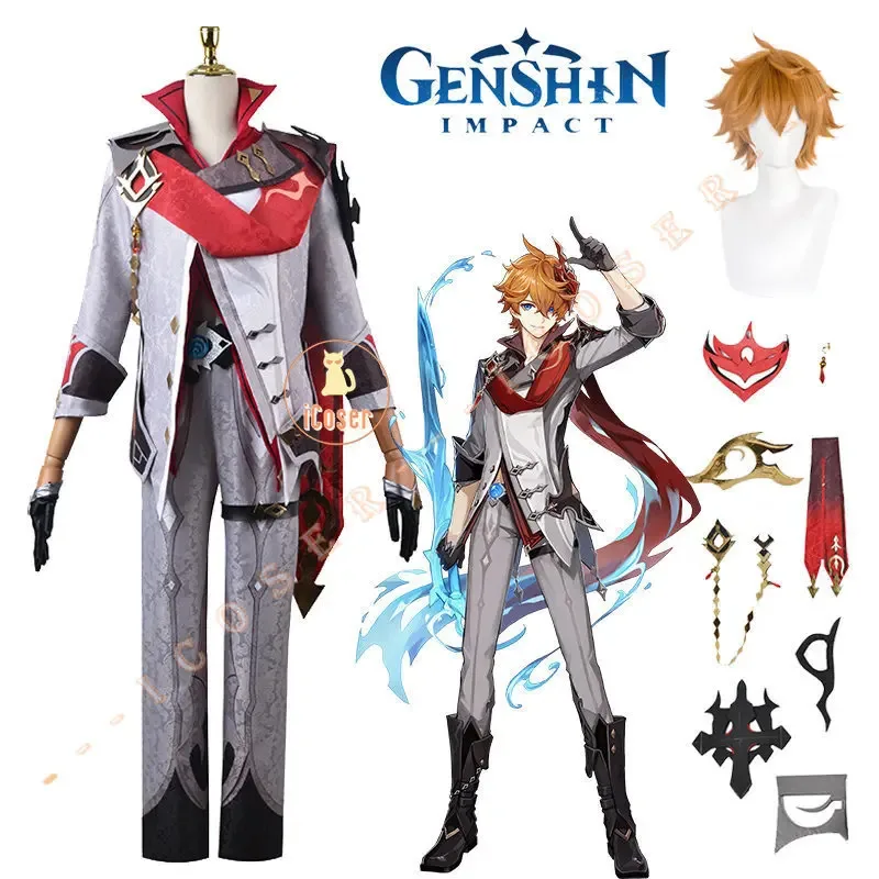 Genshin Impact Tartaglia Childe Cosplay Kostuum Pruik Fatui Mantel Outfit Uniform Cape Hoofddeksels Handschoenen Elf Fatui Harbingers Mannen