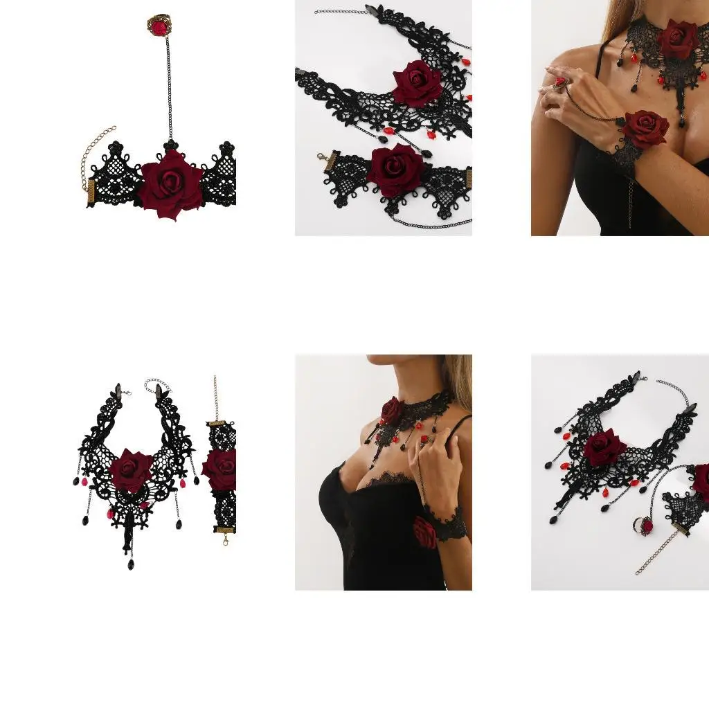39bd en dentelle Choker Collier Rings Bracelet Bracelet Set Halloween Costumes Accessoires Gothiques Vampires Bijoux pour