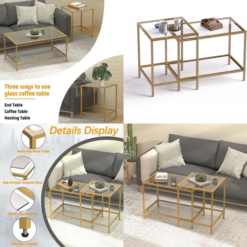 

Gold Nesting Coffee Tables Set, 2-Piece Glass Top Square End Tables for Living Room, Bedroom, Small Spaces, Tempered Glass with