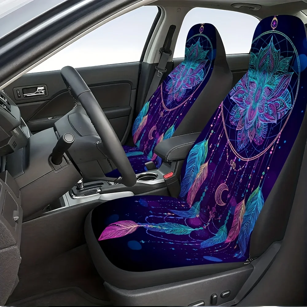 2pcs, Dreamcatcher For Lotus Feather Boho Themed Front Seat Covers, Soft And Washable, Fit For Driver And Passenger Seats, Idea
