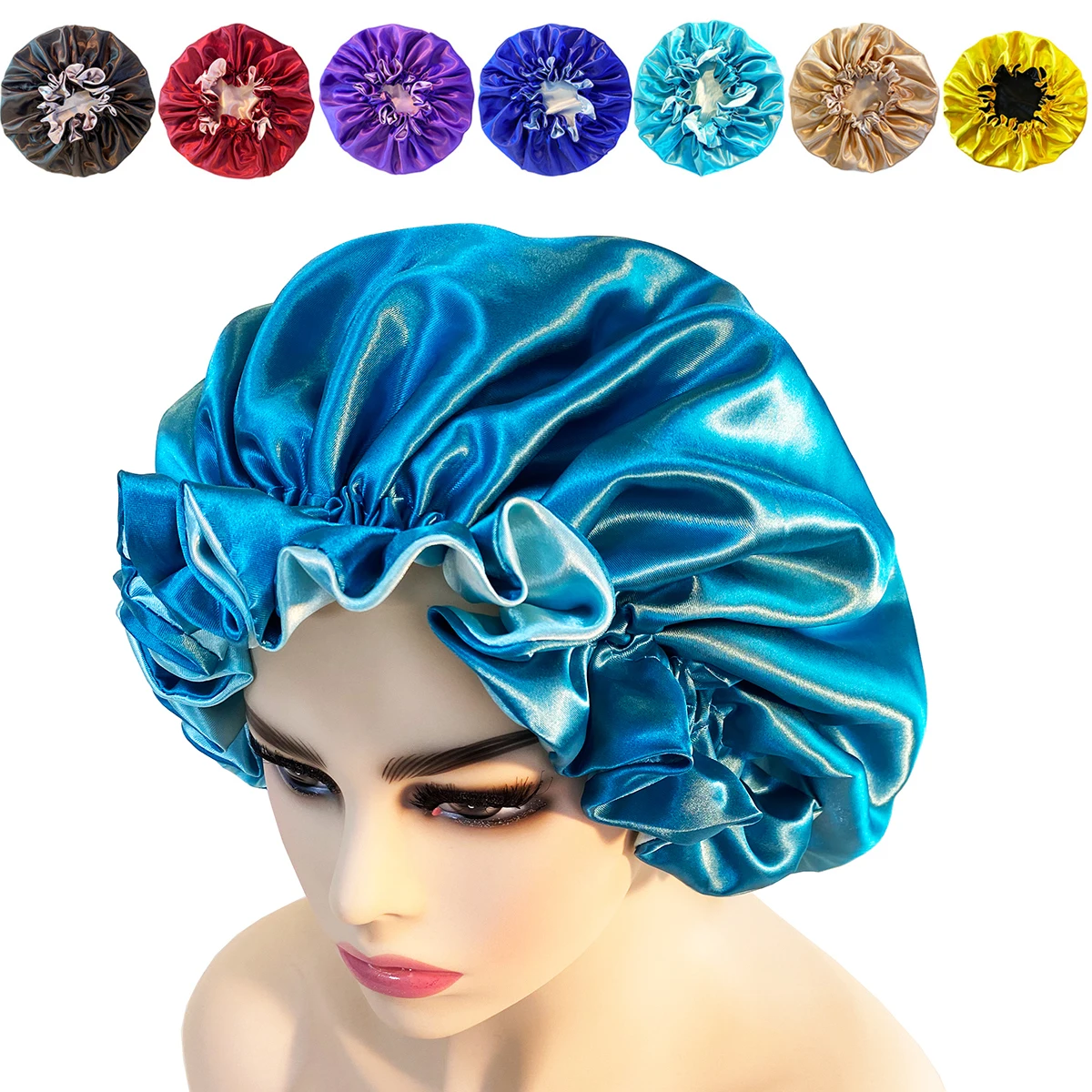 1PCs Unisex Silky Night Sleep Hats Double Layer Head Cover Fashion Shower Cap Adjustable Silky Satin Bonnet For Women