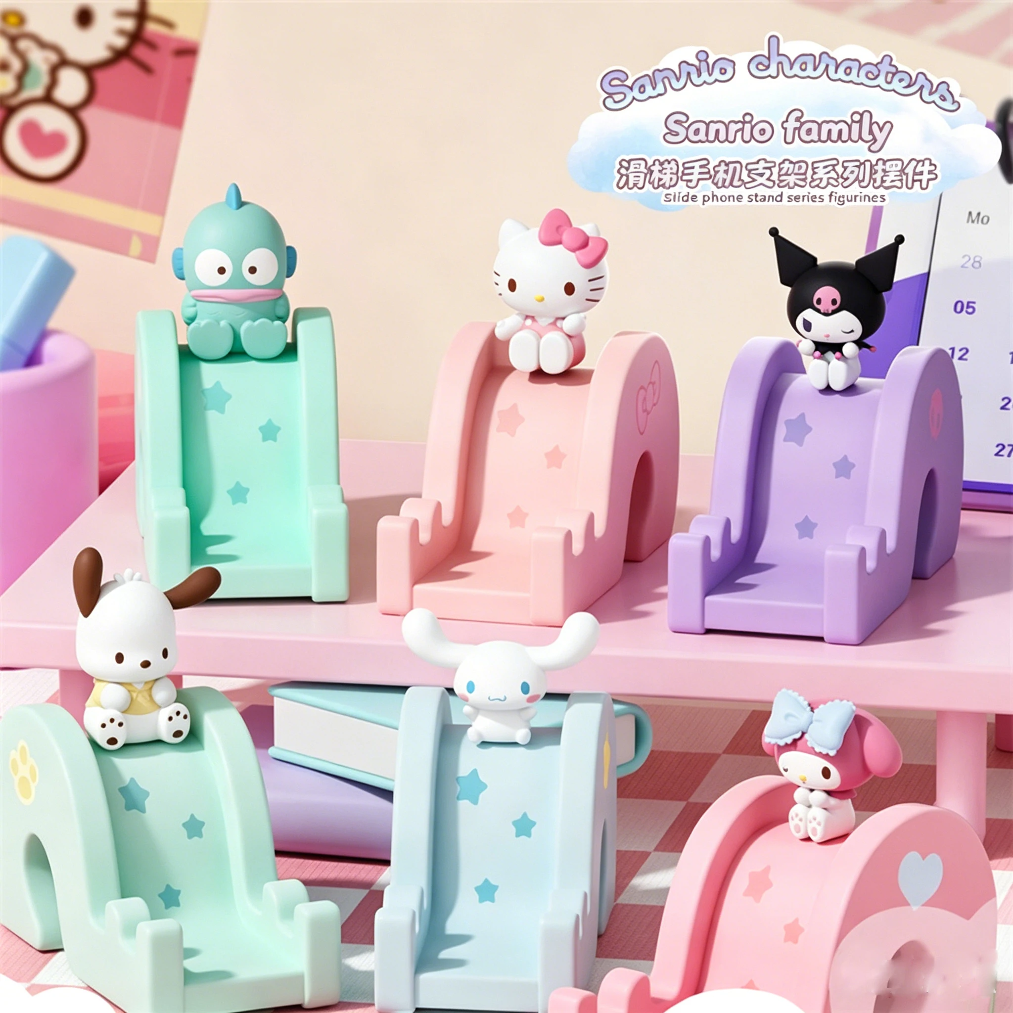 Kawaii Sanrio Hallo Kitty, Kuromi My Melody Slide Phone Stand Ornament, Cartoon 3D Designs Home Desktop Decoration Support Gift