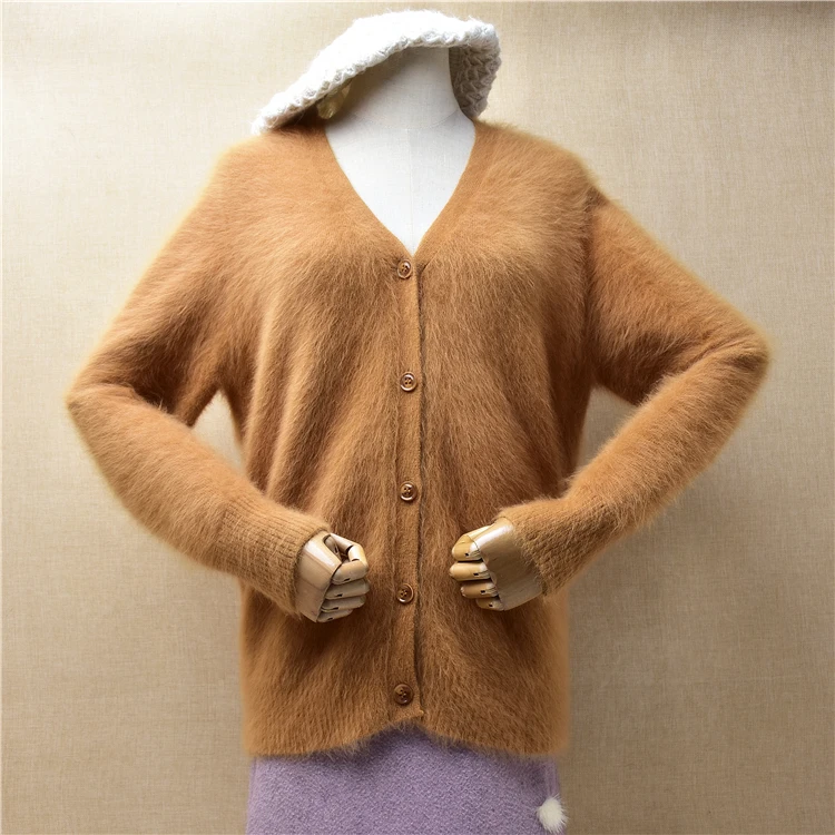 Female Women Spring Autumn Clothing Hairy Angora Rabbit Hair Knitted V-Neck Long Sleeves Slim Cardigans Mink Fur Sweater Jacket