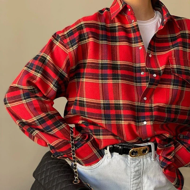 Casual Red Plaid Printed Women's Shirt Fashion Long Sleeve Single Breasted Blouses 2025 New Lapel Female Shirt Outwear