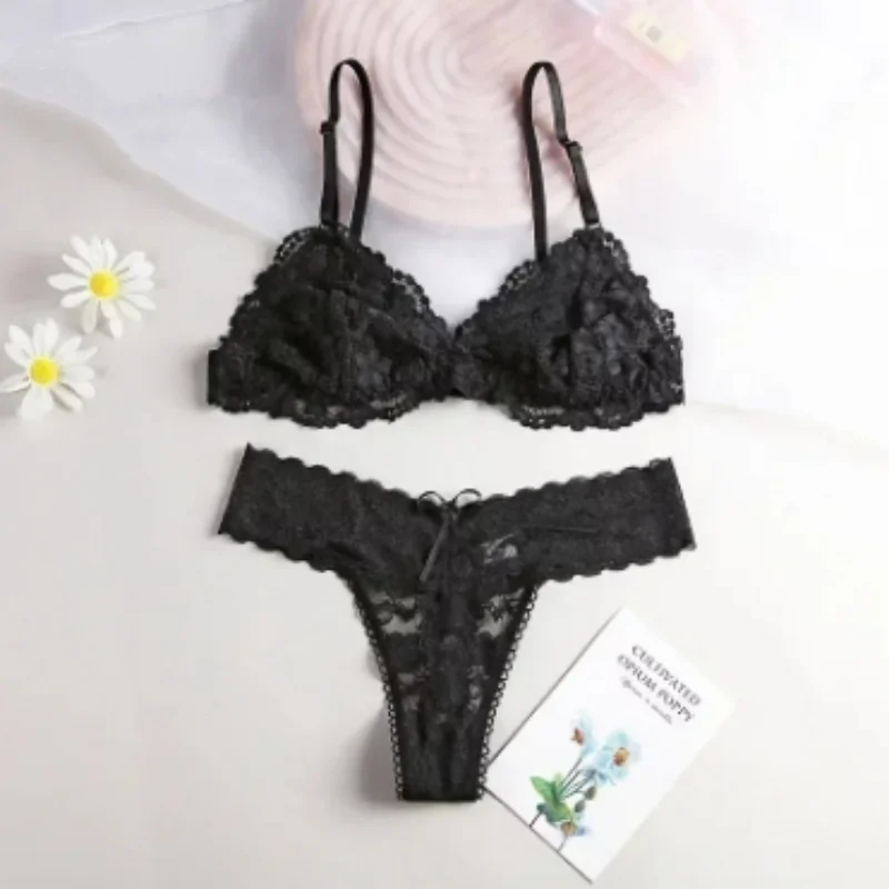 Women Lace Bra Panties Set Nonwire Bralette Sexy Transparent Lingerie Set Female Low Waist G-String Thongs Fashion Underwear