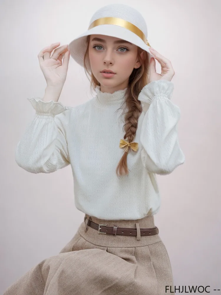 Lange Flare Mouw Halve Coltrui Tops Blouses Nieuw Ontwerp Vrouwen Schattige Ruches Japan Meisjes Stijl Effen Katoen Basics Shirts