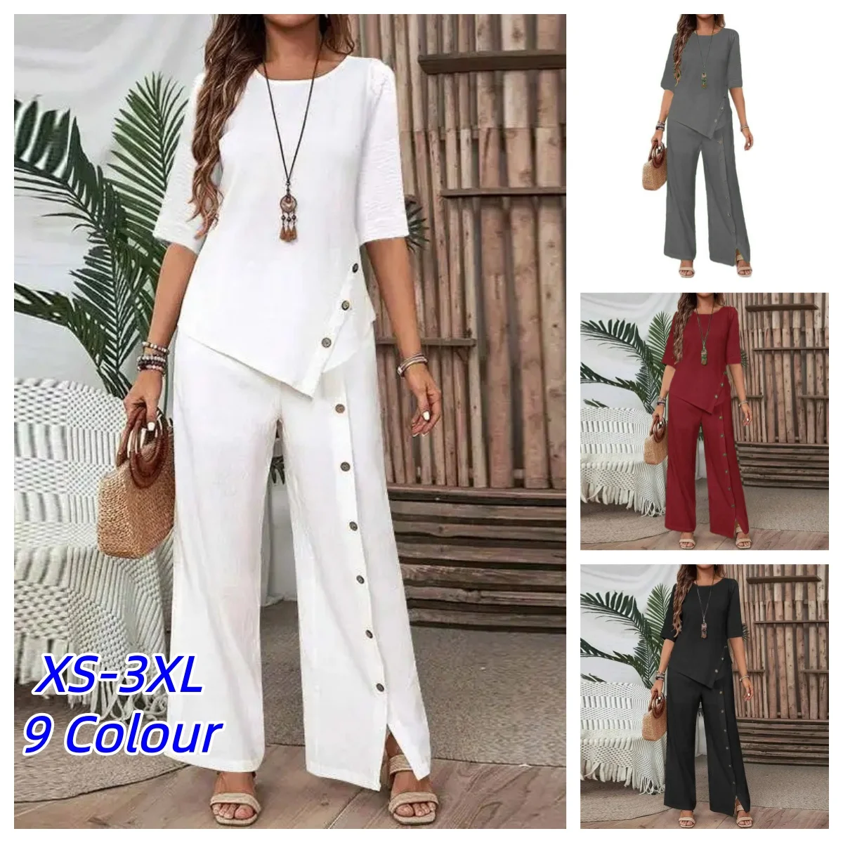 Damen-Hosenanzug mit unregelmäßigem Saum, Sommer, elegant, modisch, lässig, kurzärmeliges Hemd mit Knöpfen, lockere Freizeithose, zweiteiliges Set