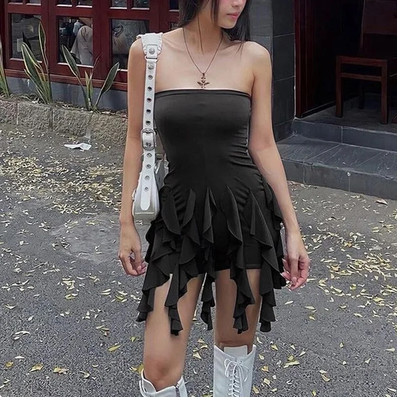 

Y2k Harajuku Trend Personality Street Spice Irregular Dress Europe America Fashion Casual Women's Sexy Fringe Ribbon Wrap Dress