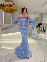 Sexy Blue Puff Sleeve Mermaid Evening Dresses Woman Strapless Elegant Party Dress 2024 Pearls Sequin Appliques Fashion Formal