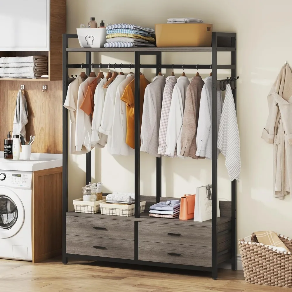 منظم خزانة قائم بذاته لتعليق الملابس، رف ملابس عالي التحمل مع 4 أدراج، 8 خطافات وأرفف تخزين