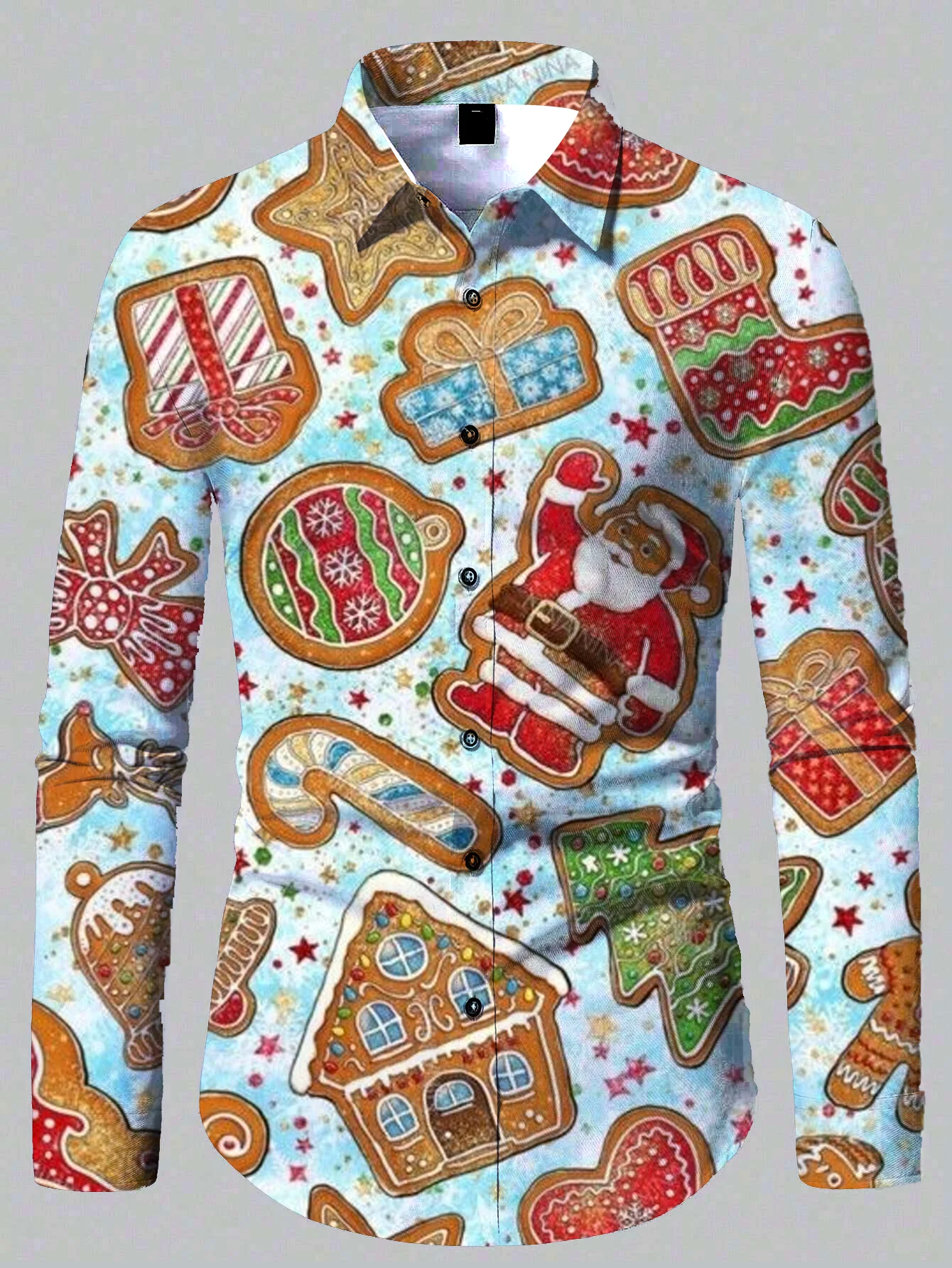 Men's Shirts 3D Gingerbread Theme Printing Fun Long Sleeve Christmas Lapel Shirt Casual Shirt Happy New Year Christmas Gift