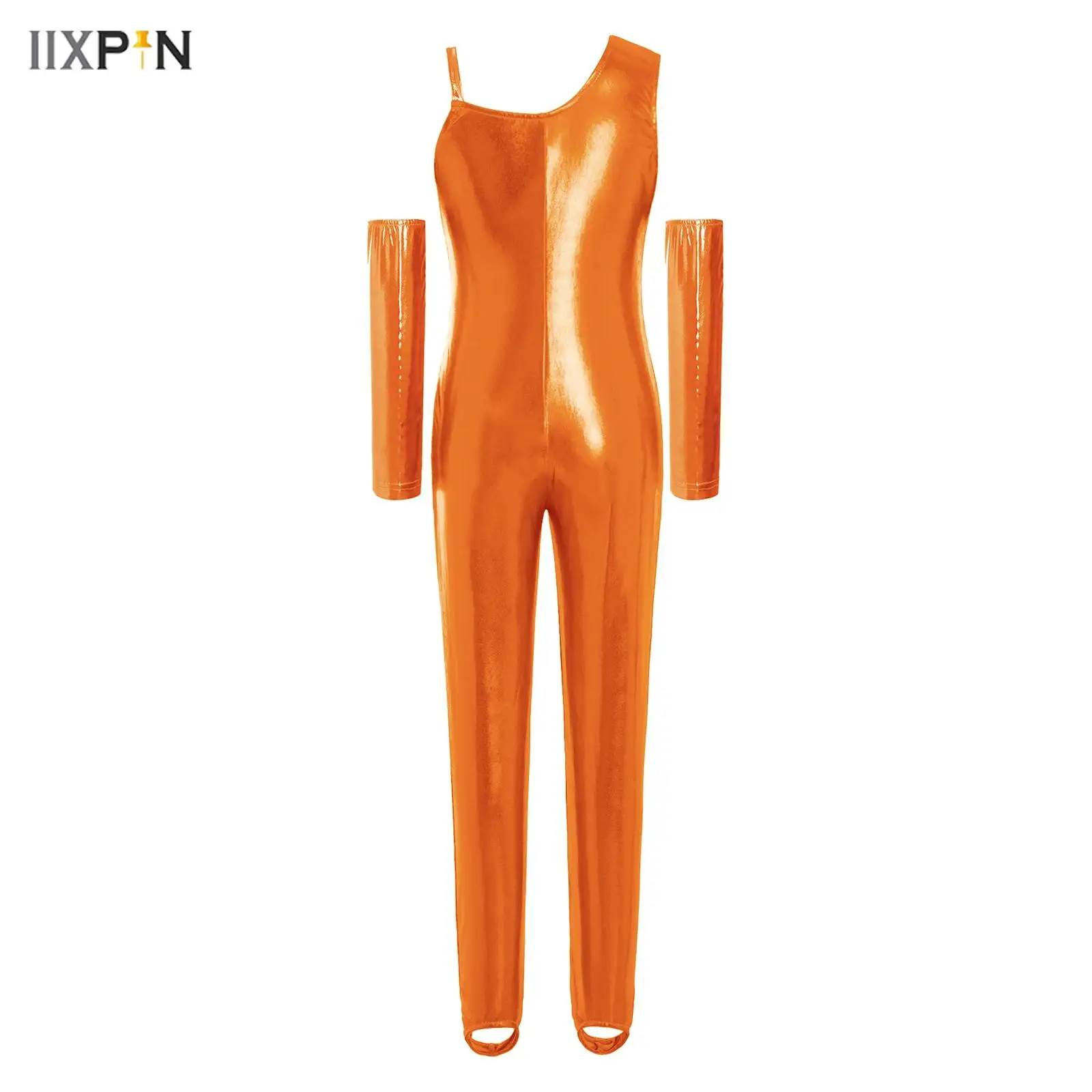

Kids Girls Metallic Shiny Artistic Gymnastics Jumpsuit with Gloves One Piece Long Sleeves Full Body Bodysuit Ballet Dance Wear