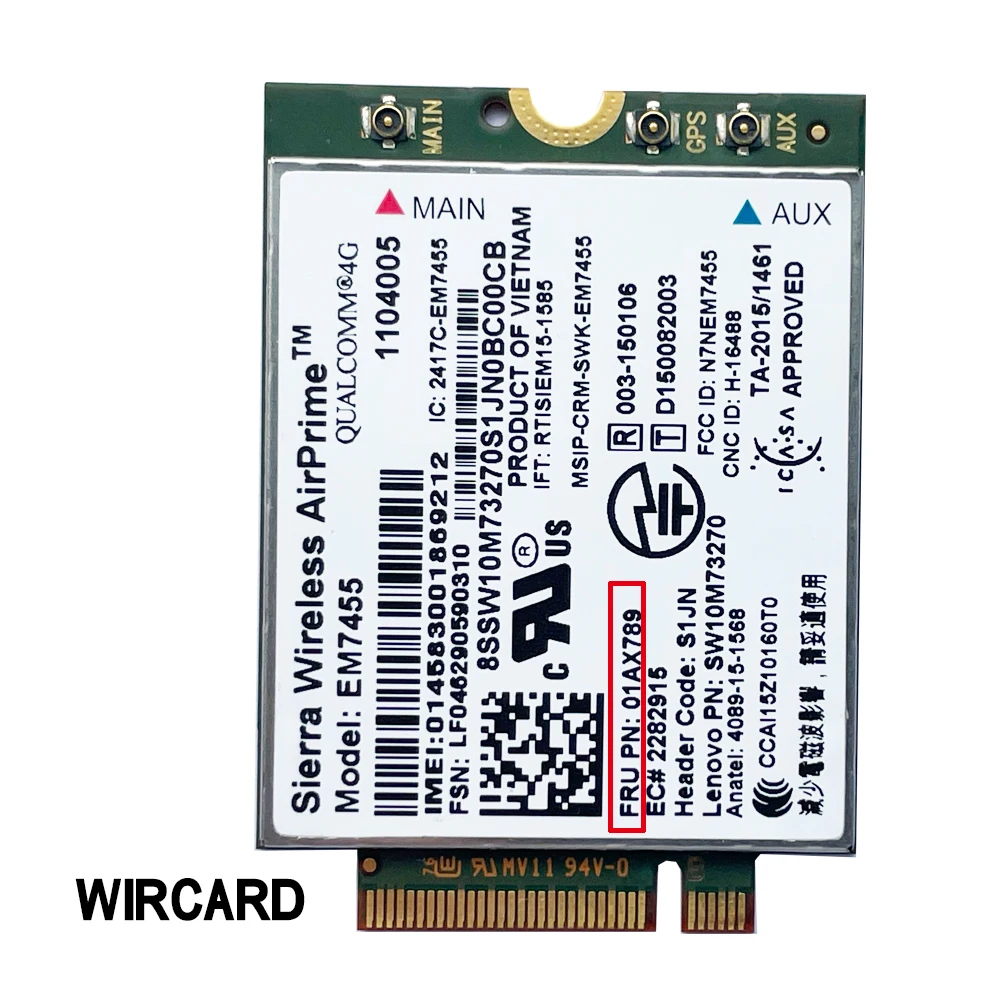 WIRCARD EM7455 FRU 01AX789 01AX747 LTE 3G 4G カード Thinkpad X1 カーボン第 5 世代 X270 T470 T470S T470P T570 L570 L470 P51 P71