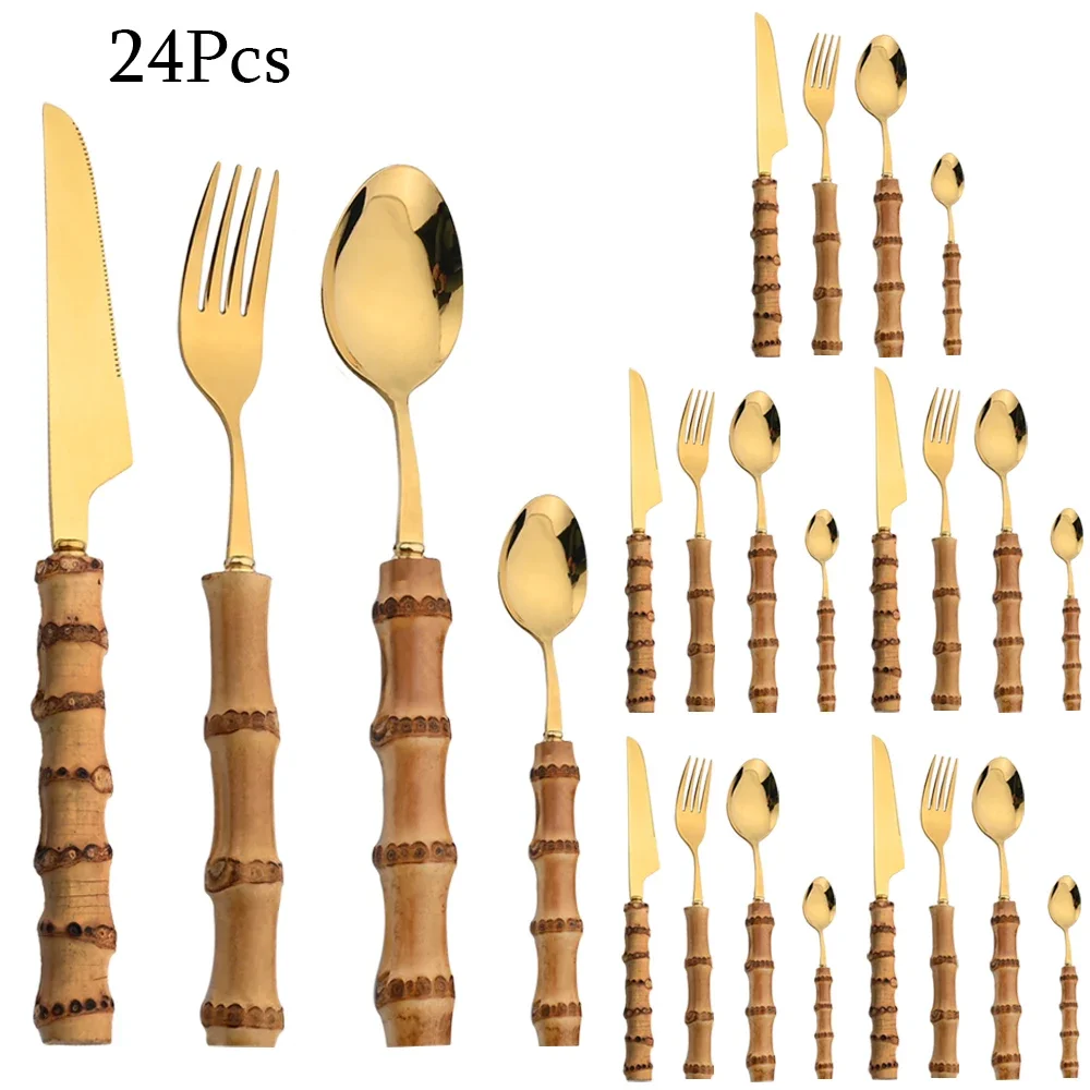 

24Pcs Mirror Stainless Steel Cutlery Set Wood Bamboo Root Handle Dinnerware Knife Spoon Cake Fork Tableware Kitchen Silverware