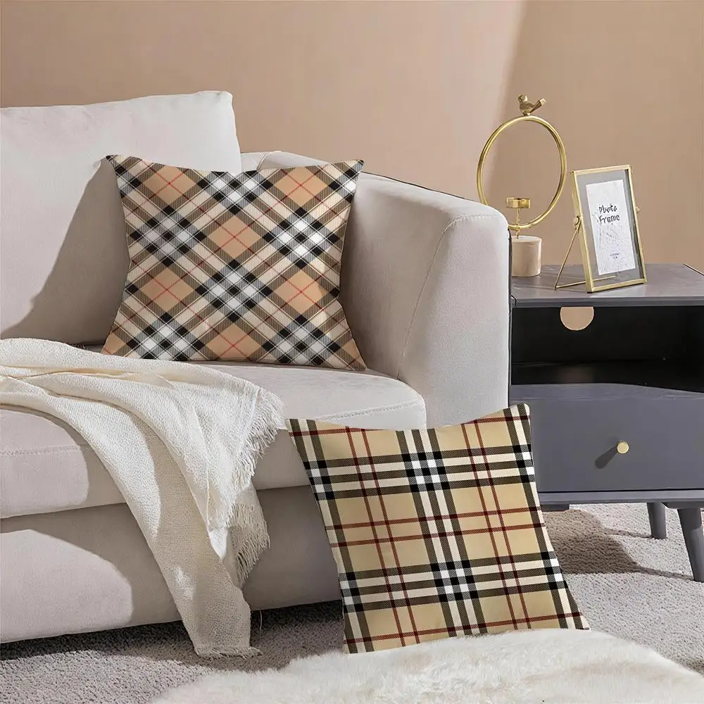 Classic brown plaid Cushion Cover Silky Short Plush with Invisible Zipper Dustproof Sofa Pillow Cover for Home Decor