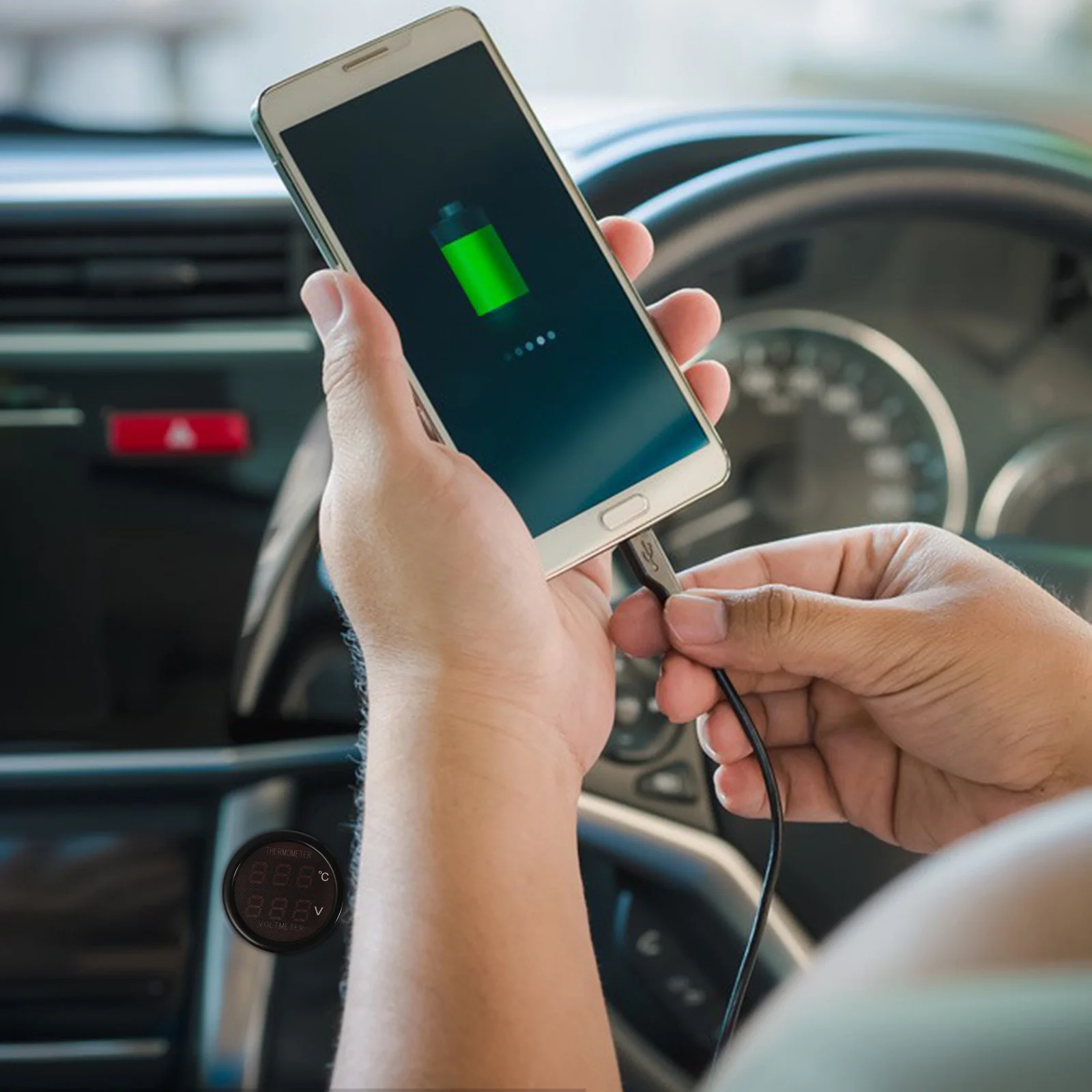 

2-in-1 Car Voltmeter Temperature Gauge Black Shell Blue Red LED Digital Display Cigarette Lighter Plug Sensor -10 to 80 Celsius