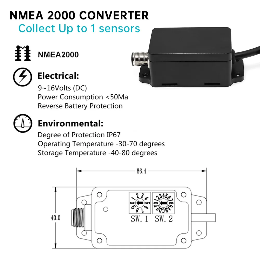 

NMEA2000 Converter 0-190ohm/240-33ohm Convert Box NMEA2000 Adapter IP65 Waterproof for Marine Boat Yacht