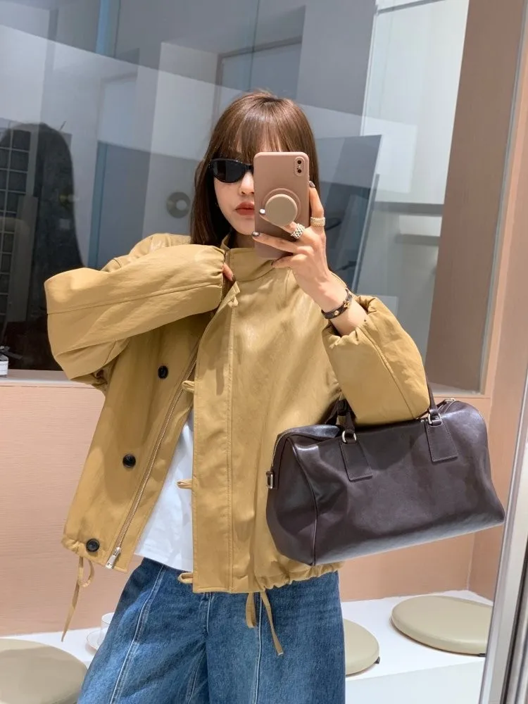 

Feita Retro Soft Leather Stand Collar Jaet Women's Loose Zipper Coat Casual Dstring Outerwear Ele Long Sve