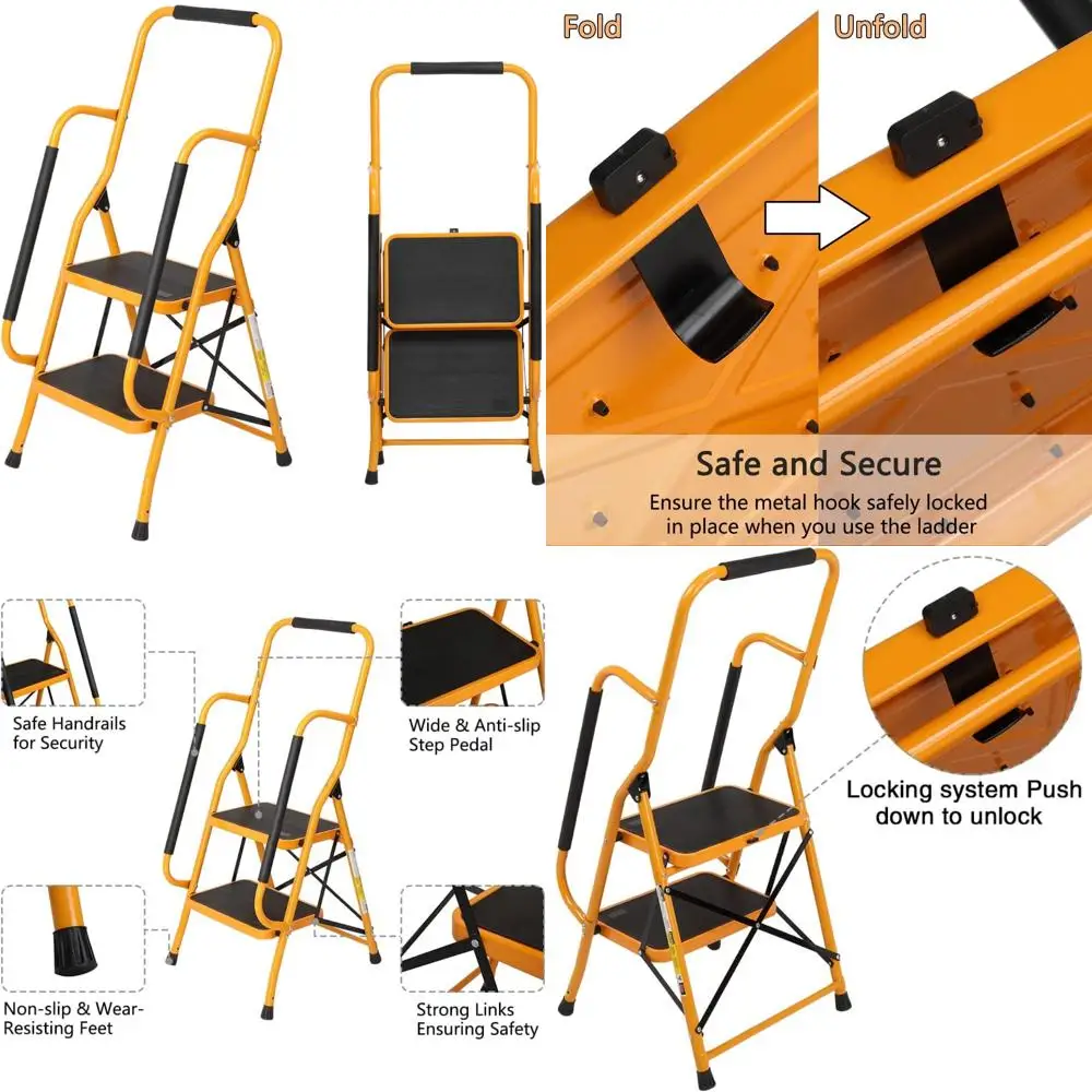 سلم قابل للطي مع درابزين، سعة 500 رطل، مساند للذراعين غير قابلة للانزلاق، منطقة دواسة كبيرة، متعددة الأغراض لاستخدام المطبخ المنزلي #1