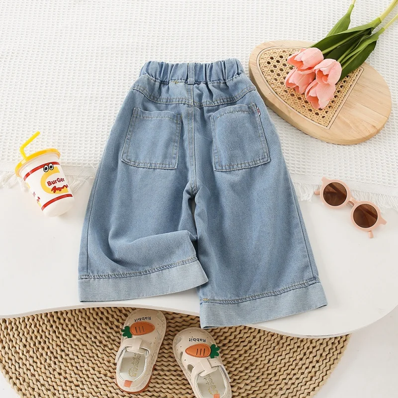 

Girls' Straight Jeans Little Girl Denim Wide-Leg Pants New Western Style Long Pants Autumn Versatile Casual Pants-XMS