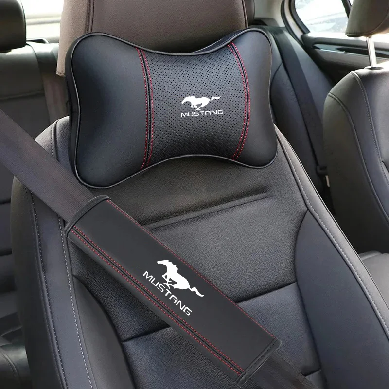 PU Leather Car Headrest Rest Cushion Neck Pillow Seat Cover Seat Belt Shoulder Protector Pads Ford Mustang GT SHELBY Accessories