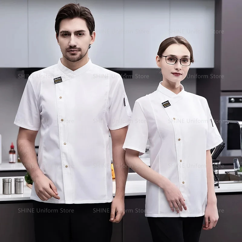 Uniforme de Chef de manga corta, abrigo de cocina, chaqueta de cocina transpirable, restaurante, Hotel, cafetería, barbería, camarero, camisa de trabajo, logotipo Unisex