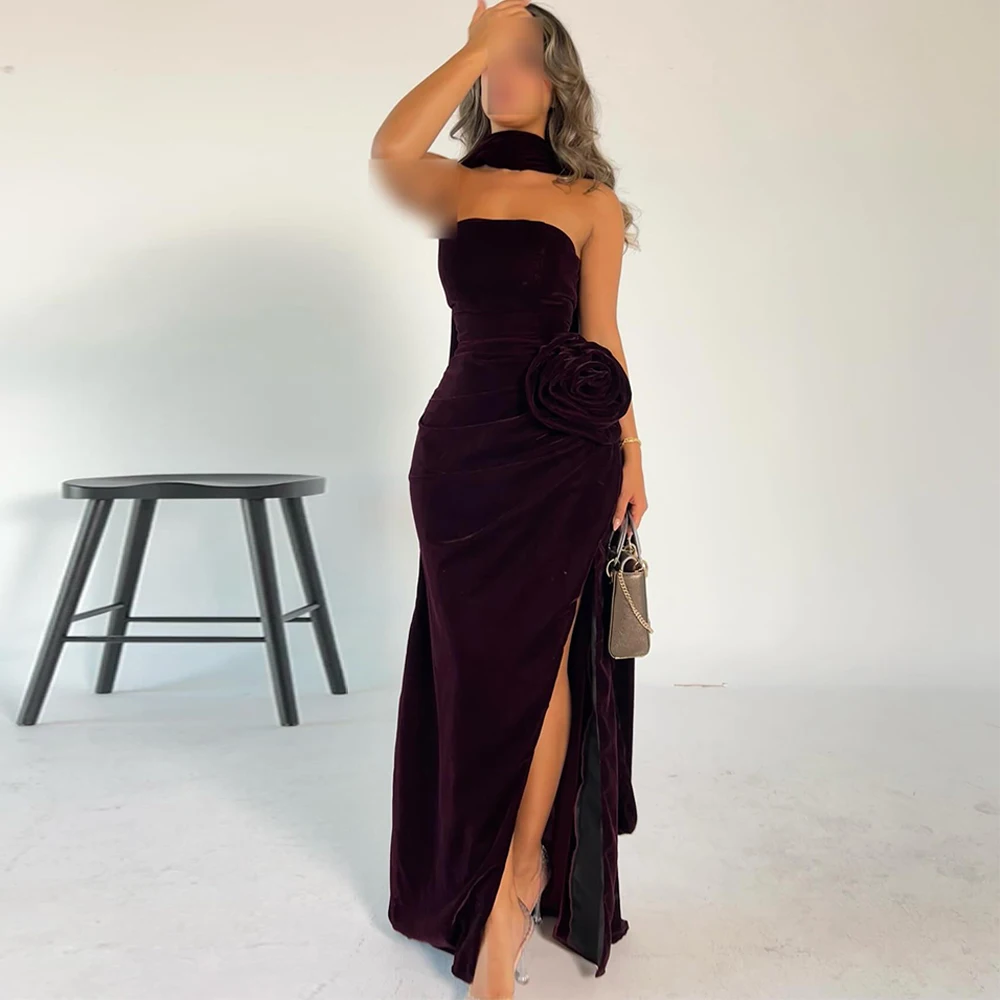 

Classic Burgundy Velour Evening Dress Exquisite Strapless Customized Celebrity Gowns Temperament Flowers Mermaid Celebrity Gowns