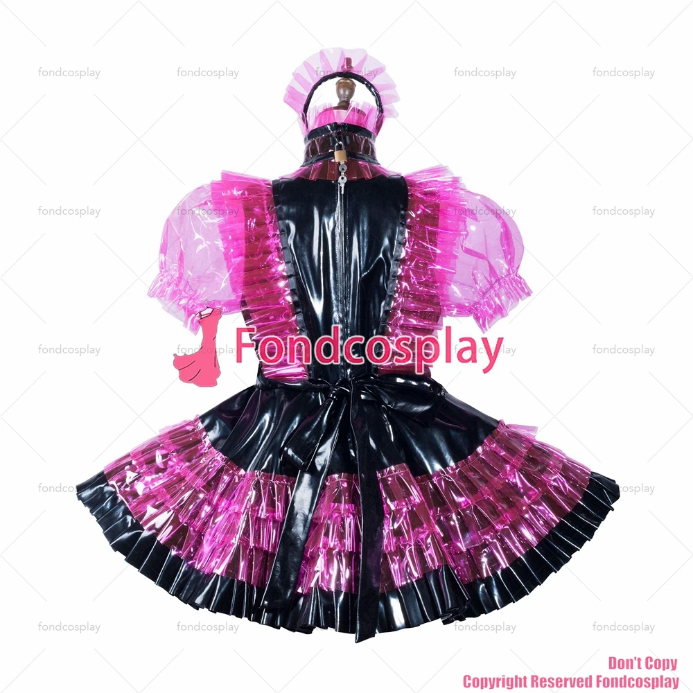 Fondcosplay dorosły seksowny strój krzyżowy sissy maid zamykany gorący różowy przezroczysty PVC sukienka fartuch winylowy unisex CD/TV [G3818]