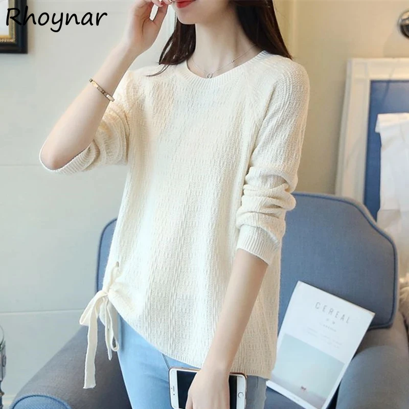 

Elegant Tender Pullovers Women Autumn Solid Loose Lace Up Bow Sweet Stylish Casual Popular Knitted Sweaters Ladies Simple Basic