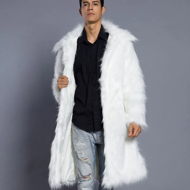 PFHQ Autumn Winter New Men's Square Neck Faux Fur Long Coat 2024 Solid Color Warm Long Sleeve High Street Tops 21Z7150