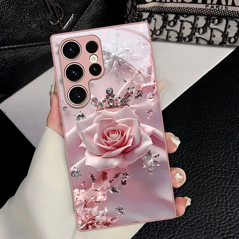 Pink rose crown pattern phone case, suitable for Samsung for Galaxy S9+/S10/S20+/S20 Ultra/S21 5G/S21+/S22/S23 PLUS/S24 Plus/S25